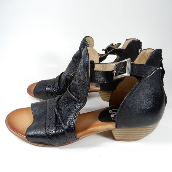 Miz Mooz Corra SANDALS Size 38 7.5 8 Peep Toe Black Embroidered Leather NEW - Picture 8 of 14